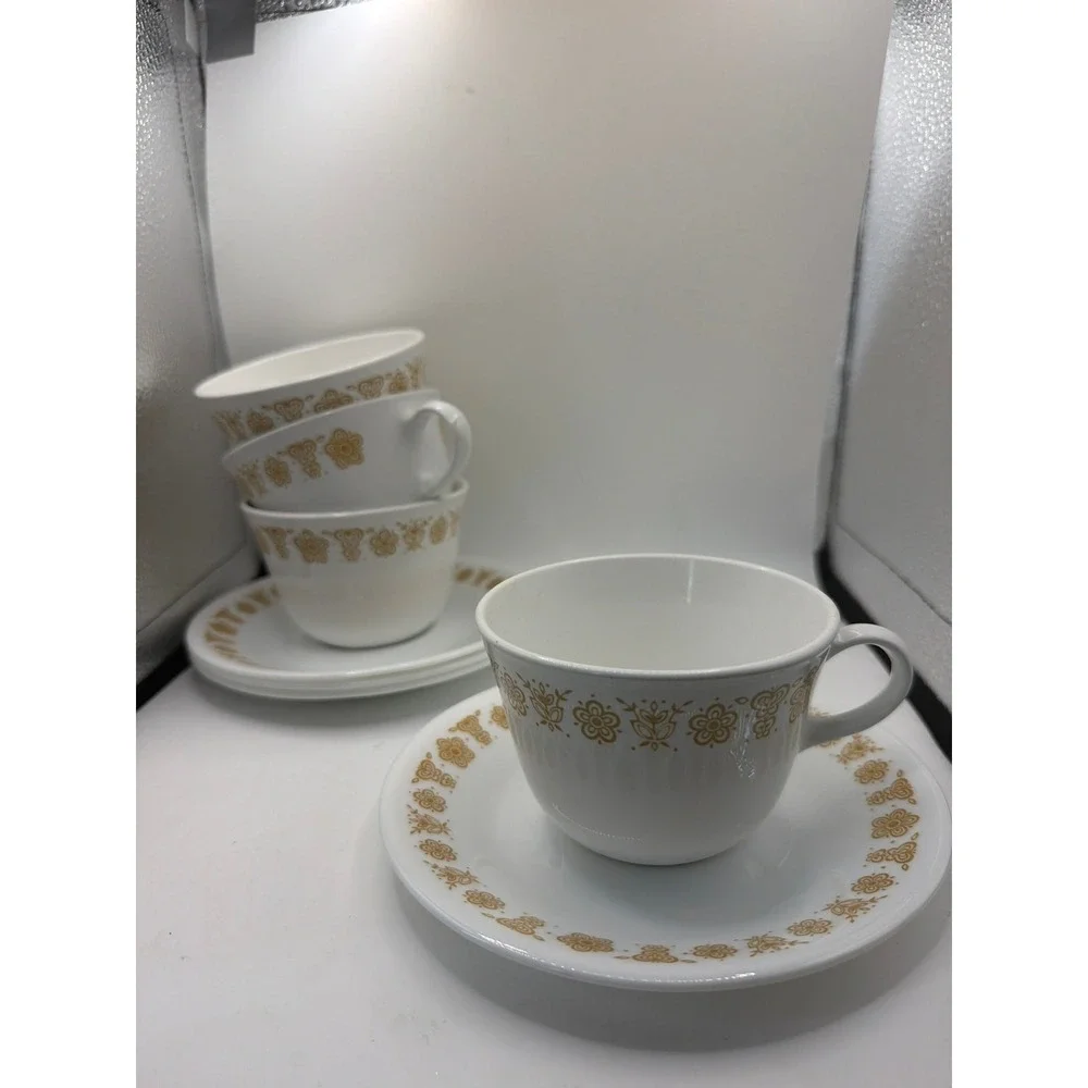 4 Vtg Corelle Butterfly Gold Coffee Tea Cups and Saucers  Hook Handle